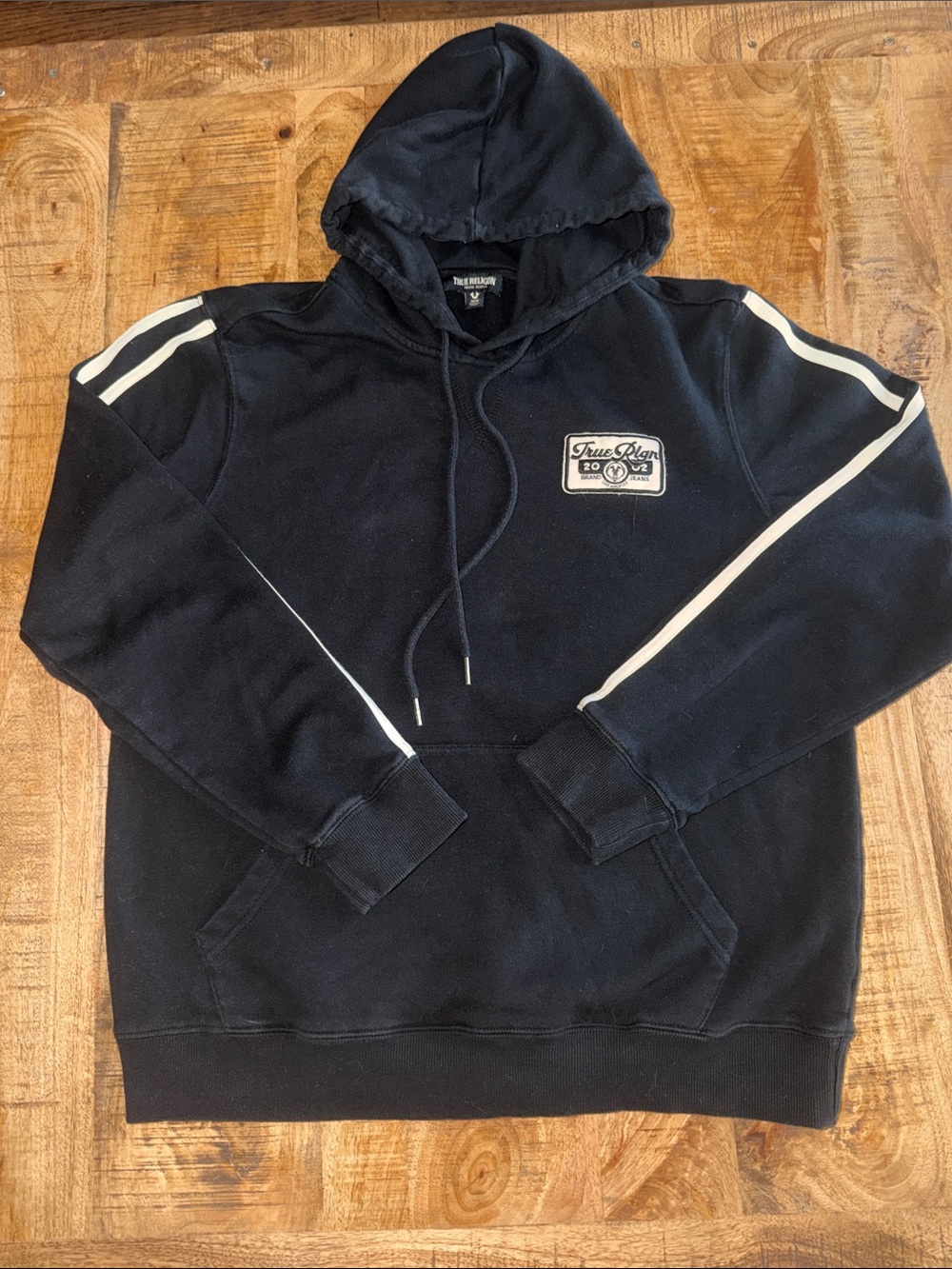True Religion Navy Hoodie with White Stripe Accents
